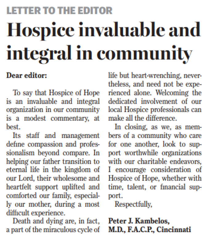 Letter to the Editor - Hospice of Hope