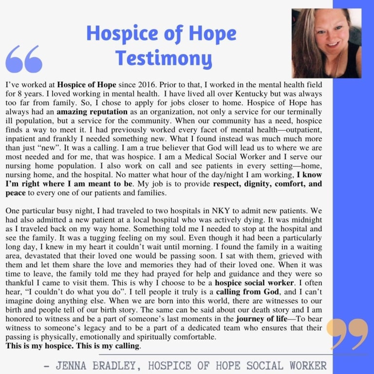Testimony from Hospice of Hope Social Worker